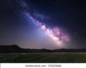 Landscape With Milky Way. Night Sky With Stars At Mountains.