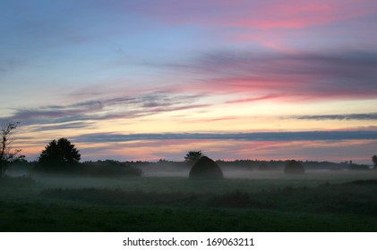 Landscape Misty Dawn In A Field In Summer