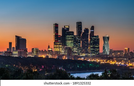 A landscape of modern skyscrapers of the Moscow International Business Center in the evening in Russia