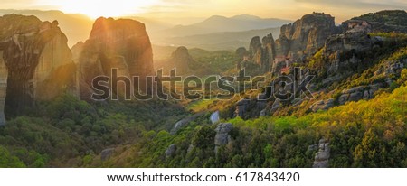 Landscape with monasteries and rock formations in Meteora, Greece