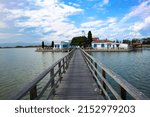 Landscape of the Monastery of Agios Nikolaos  in Vistonida Lake. The aquatic biotope of lake, hosts more than 200 species of wild birds spend the wintertime in this area. Xanthi Prefecture. Greece.