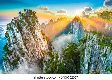 Landscape of Mount Huangshan (Yellow Mountains). UNESCO World Heritage Site. Located in Huangshan, Anhui, China.