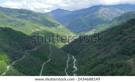 The landscape and mountain of himalayas and river of senge dzong arunachal pradesh in India.Aerial view 