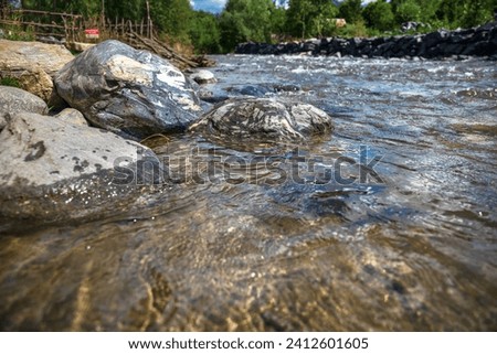 Landscape of a mountain river against the background of a forest, a pine forest along the banks, stones in the channel, a mountain stream, summer heat, little water, a clear day