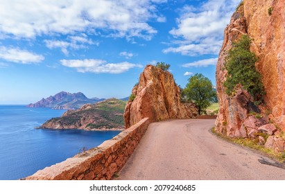 Landscape with mountain road in Calanques de Piana, Corsica island, France