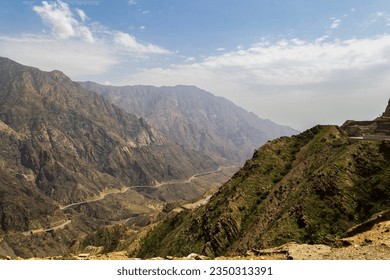 Landscape from mountains of the al baha city Asir region, Saudi Arabia The canyon, the view from the viewpoint, Jabal Shada - Shutterstock ID 2350313391