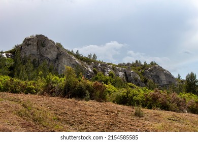 Landscape in the mountains around Mouries (Provence, France) called Les Alpilles. The hills are famous for their beautiful rocks, their olive trees and their vegetation called garrigue (scrubland). - Shutterstock ID 2154585585