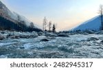 Landscape in the mountains.The beautiful river flowing between the Himalayan  mountains. Landscape with mountains and clouds. Panoramic view of Kashmir valley in the Himalayan region.