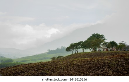 Landscape Of The Mountains Of Colombia, With A School In The Rural Area