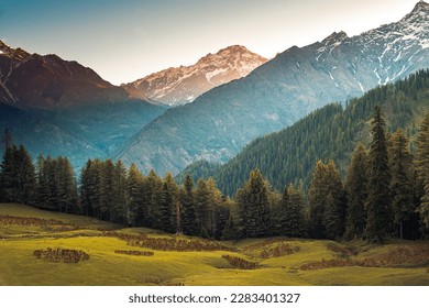 Landscape in the mountains. Himalayan peaks and alpine landscape from the trail of Sar Pass trek Himalayan region of Kasol, Himachal Pradesh, India.