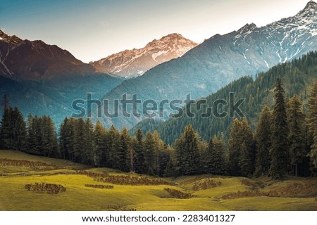 Landscape in the mountains. Himalayan peaks and alpine landscape from the trail of Sar Pass trek Himalayan region of Kasol, Himachal Pradesh, India.