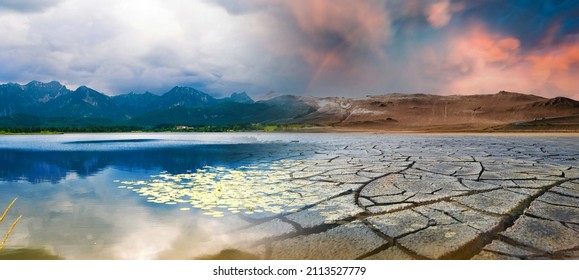 Landscape with mountains and a lake and a dried desert. Global climate change concept - Shutterstock ID 2113527779