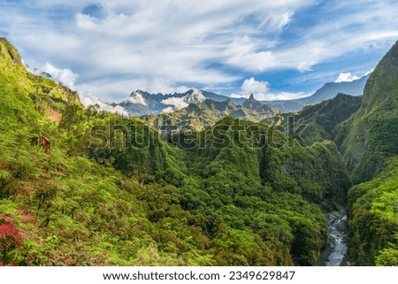 Landscape with National Park and tropical rainforest of Reunion Island, French departement in the Indian Ocean