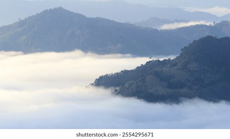 Landscape nature viewpoint scenery view, Beautiful Sea of foggy mist in the tropical valley which various silhouette mountain ranges extend in Thailand, Aerial view and monochrome style - Powered by Shutterstock