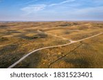 landscape of Nebraska Sandhills, early morning aerial view at Nebraska National Forest with dirt sandy roads