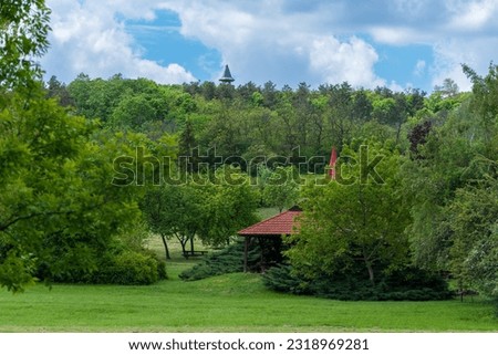Landscape. A nice park with a lookout point and a wooden veranda