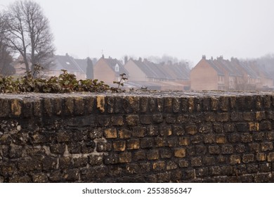 Landscape of an old European town in northern France on a foggy winter day. There is a dirty fortress wall made of yellow bricks and roofs of old houses. - Powered by Shutterstock