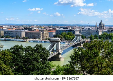 Landscape with old historical Széchenyi Chain Bridge over Danube and clear blue sky in Budapest city, Hungary, in a sunny summer day