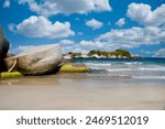 Landscape on beaches of Tayrona National Park with blue sky. Santa marta colombia.