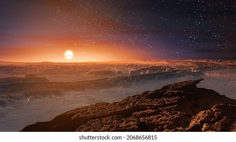 Landscape On Planet Mars, Scenic Desert And Rock On The Red Planet.The Sun Rises Over The Horizon.Sunrise.Alien Landscape.Elements Of This Image Furnished By NASA