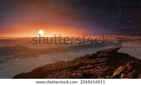 Landscape on planet Mars, scenic desert and rock on the red planet.The sun rises over the horizon.Sunrise.Alien landscape.Elements of this Image Furnished by NASA