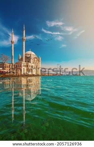 The landscape of the Ortakoy Mosque and Bosphorus Bridge beautiful sunrise Istanbul Turkey. Best touristic destination of Istanbul.