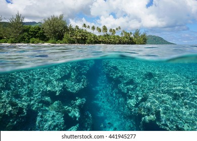 Landscape Over And Under Water Surface, Tropical Island Shore With Natural Trench Into The Fore Reef Split By Waterline, Huahine, Pacific Ocean, French Polynesia