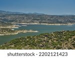 Landscape panorama of Cine Dam Lake (aka Adnan Menderes Barajı, Çine), Aydin, Turkey                             