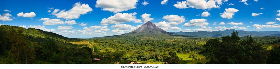Landscape Panorama Picture From Volcano Arenal Next To The Rainforest, Costa Rica. Travel In Central America. San Jose.