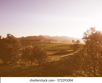 Landscape Panorama View Of Marcorengo Hills In Brusasco Near Turin, Piedmont, Italy Vintage