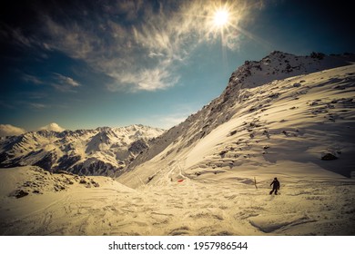 Landscape Panoramic View Of The Ski And Snowboard Resort Of Verbier, With The Swiss Alps In The Background, Shot In Verber, Valais, Switzerland