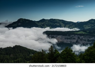 Landscape panoramic view of the Swiss alps, shot on the "Fronalpstock", near Stoos, Schwyz