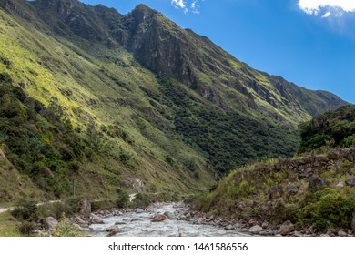 Landscape of peruvian mountains with Santa Teresa River in green lush valley. Hiking trail to Machu Picchu, Peru, South america
