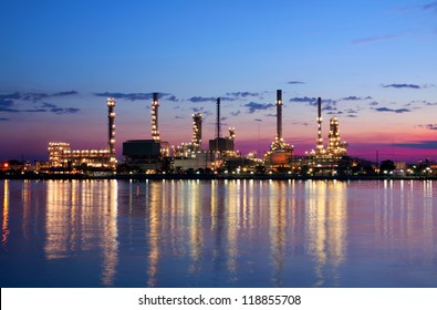 Landscape petrochemical oil refinery factory pipeline in the morning near river at  Bangkok Thailand