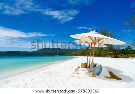 Landscape photo of beautiful white sand exotic beach on Koh Rong island in Cambodia