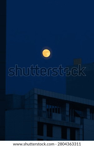 A landscape photo emphasizing the immense depth of the night sky through a portrait frame. The weighty, modern building outlines at the bottom and the high full moon create a stable vertical proportion. Optimized for mobile UI backgrounds, vertical posters, and social media content creation.