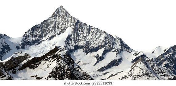 landscape photo of a snow-capped mountain isolated on white background.