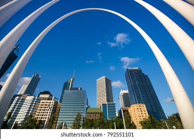 Landscape Picture Of Perth City Scape In CBD During Sunset Of Beautiful Day Light Best Tourist Attraction In The City Skyline, Western Of Australia   