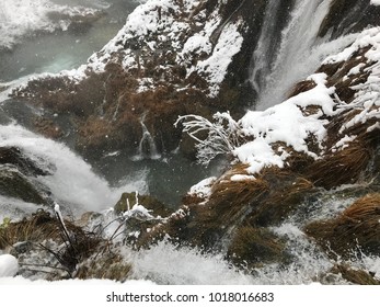 Landscape picture of Plitvice waterfalls and National Park, Croatia in the snow