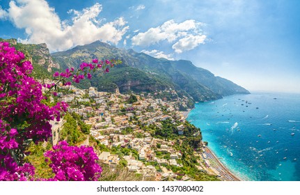 Landscape with Positano town at famous amalfi coast, Italy - Shutterstock ID 1437080402