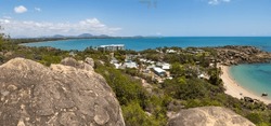 Landscape Of Queens Bay And Horseshoe Bay From A Lookout Looking Over Granite Scenery, The Coastline, And Some Suburbs Of The Town Of Bowen In The Whitsunday Region Of Tropical Queensland, Australia.