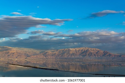 Landscape With Reflection, Sunset Over Dead Sea, Full Of Minerals Near Town Ein Bokek, Place For Medical Treatments, Climatotherapy, Thalassotherapy, Heliotherapy