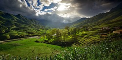 Landscape With Rice Terraces And Mountain River On A Sunny Day, Playing With Shadows And Light. Panorama.