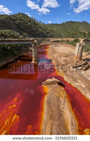 Landscape at Rio Tinto in Spain with its natural deep red water, Province Huelva, Andalusia, Spain