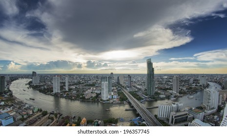 Landscape Of River In Bangkok City In Day Time With Bird View