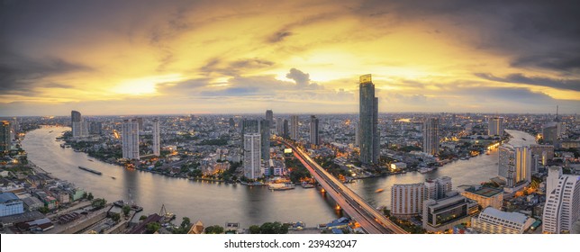 Landscape of River in Bangkok city in night time with bird view