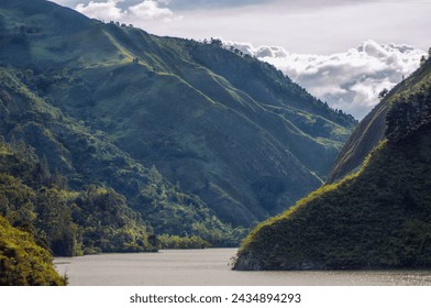 landscape of river between mountains 