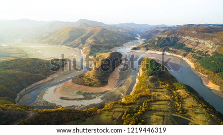 Landscape river curve autumn sunset aerial photo in Bulgaria