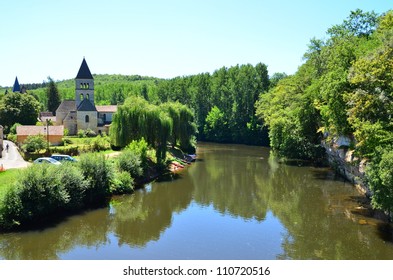 St-Léon-sur-Vézère, Landscape  With Roman Church  At The River Vézère In The Dordogne, France