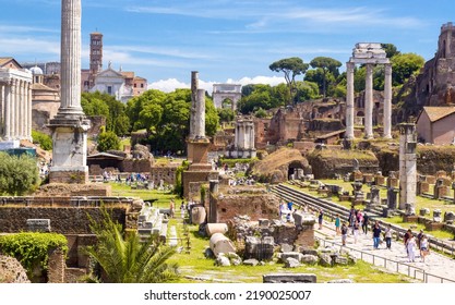 Landscape Of Roman Forum, Rome, Italy. Panorama Of Ancient Buildings Ruins Of Roman Forum Or Foro Romano And Tourists In Roma City Center. Sightseeing, Travel And Tourism Theme. Rome - May 10, 2014